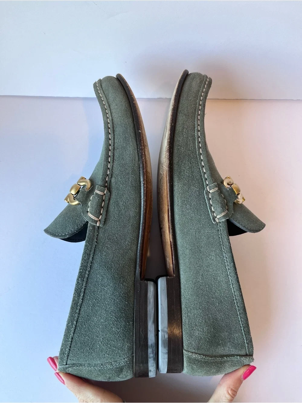 Salvatore Ferragamo Gancini Buckle Green Suede Loafers